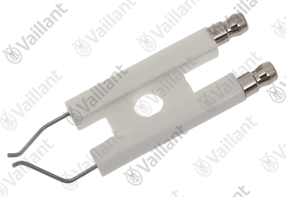 Vaillant Elektrode mit zwei metallischen Anschlüssen und einem weißen Kunststoffblock, der eine Öffnung in der Mitte aufweist.